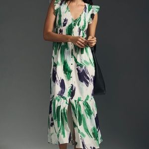 Anthropologie The Peregrine Midi Dress Lined Button Front Smocked Medium